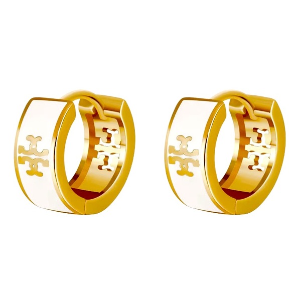 Tory Burch Jewelry - TORY BURCH GOLD & WHITE LOGO HUGGIE HOOP EARRINGS